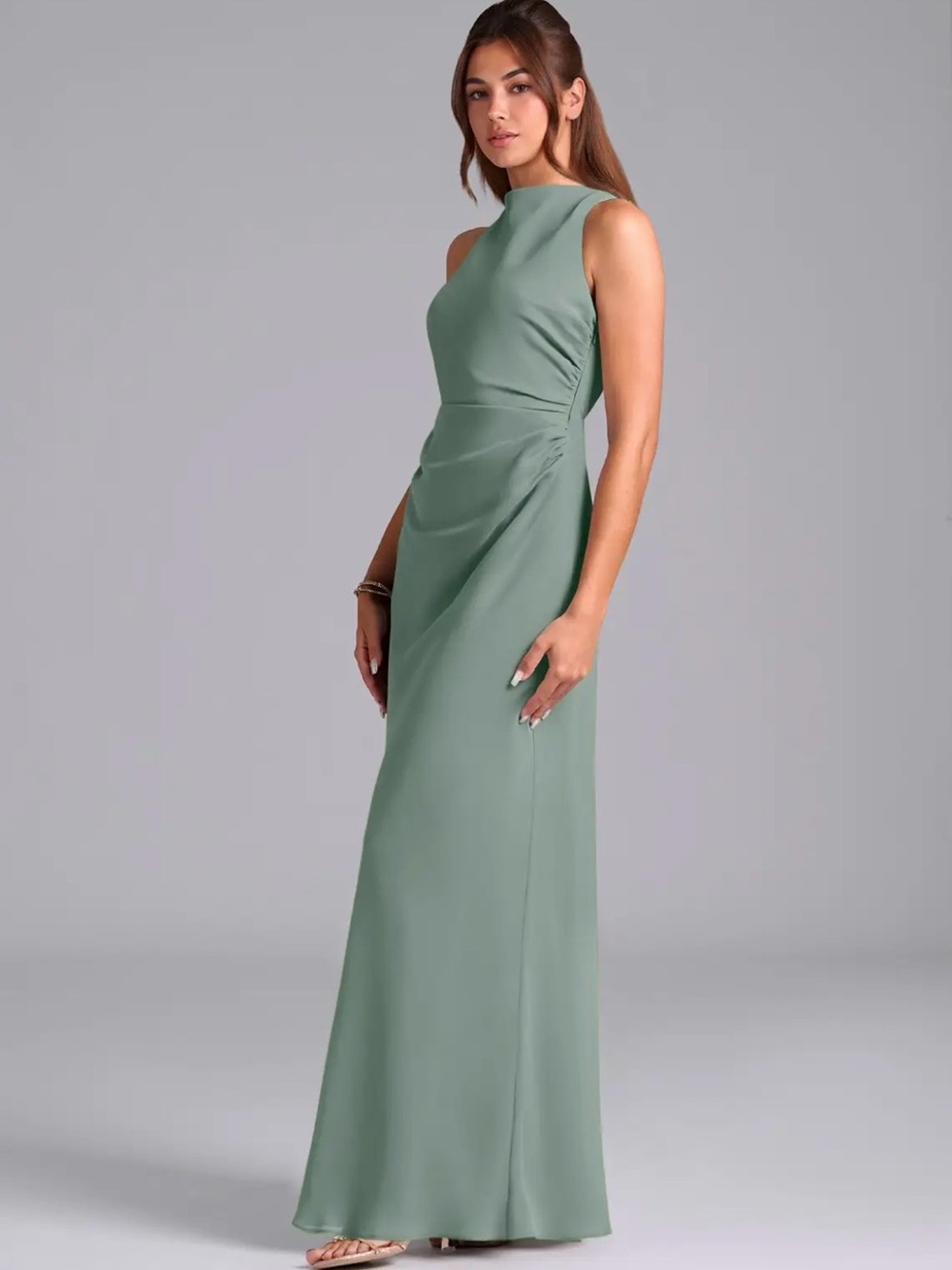 Azazie Evadne silver sage bridesmaid dress
